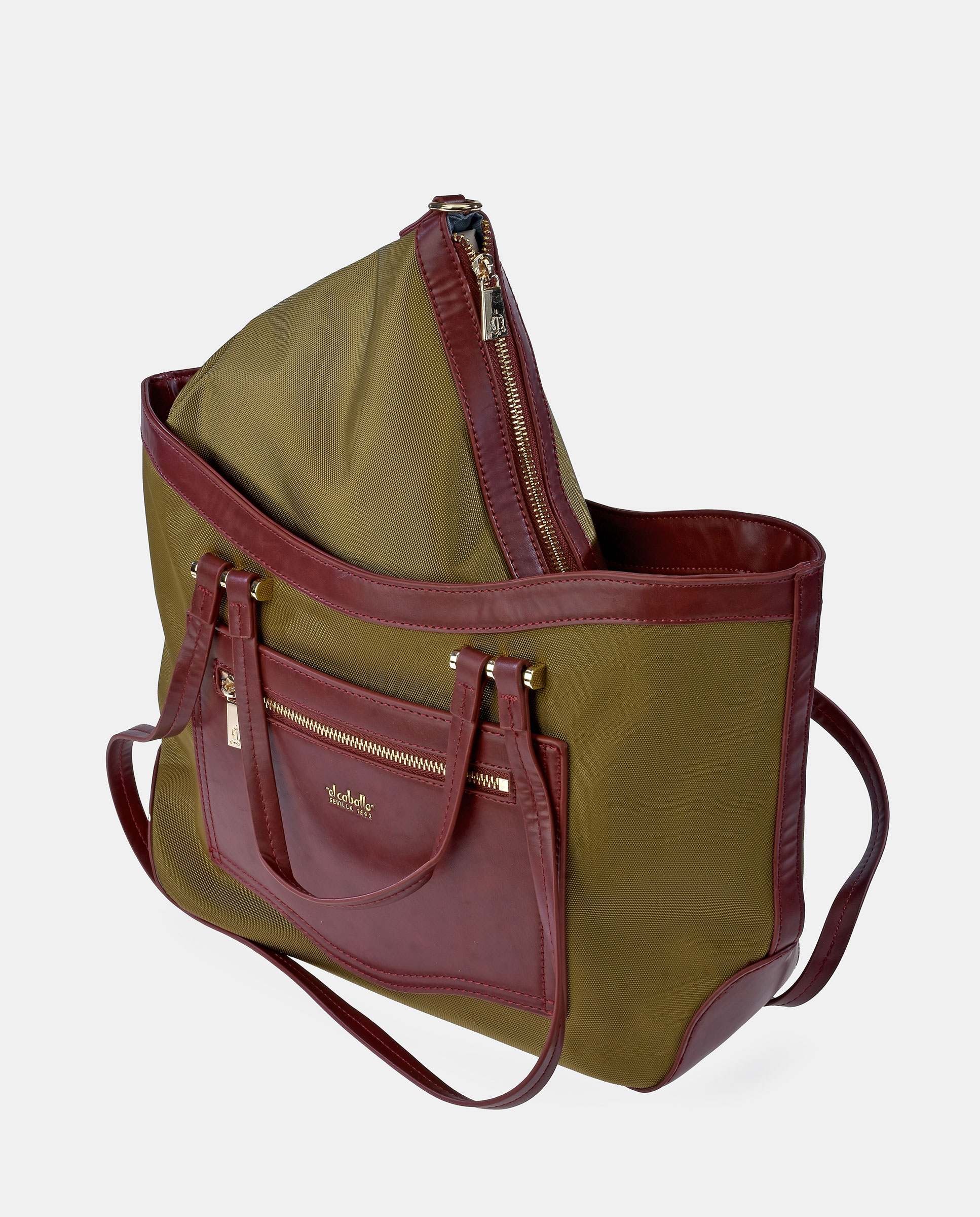 Mala Tipo Tote em Nylon e Couro - Bordeaux Verde-5