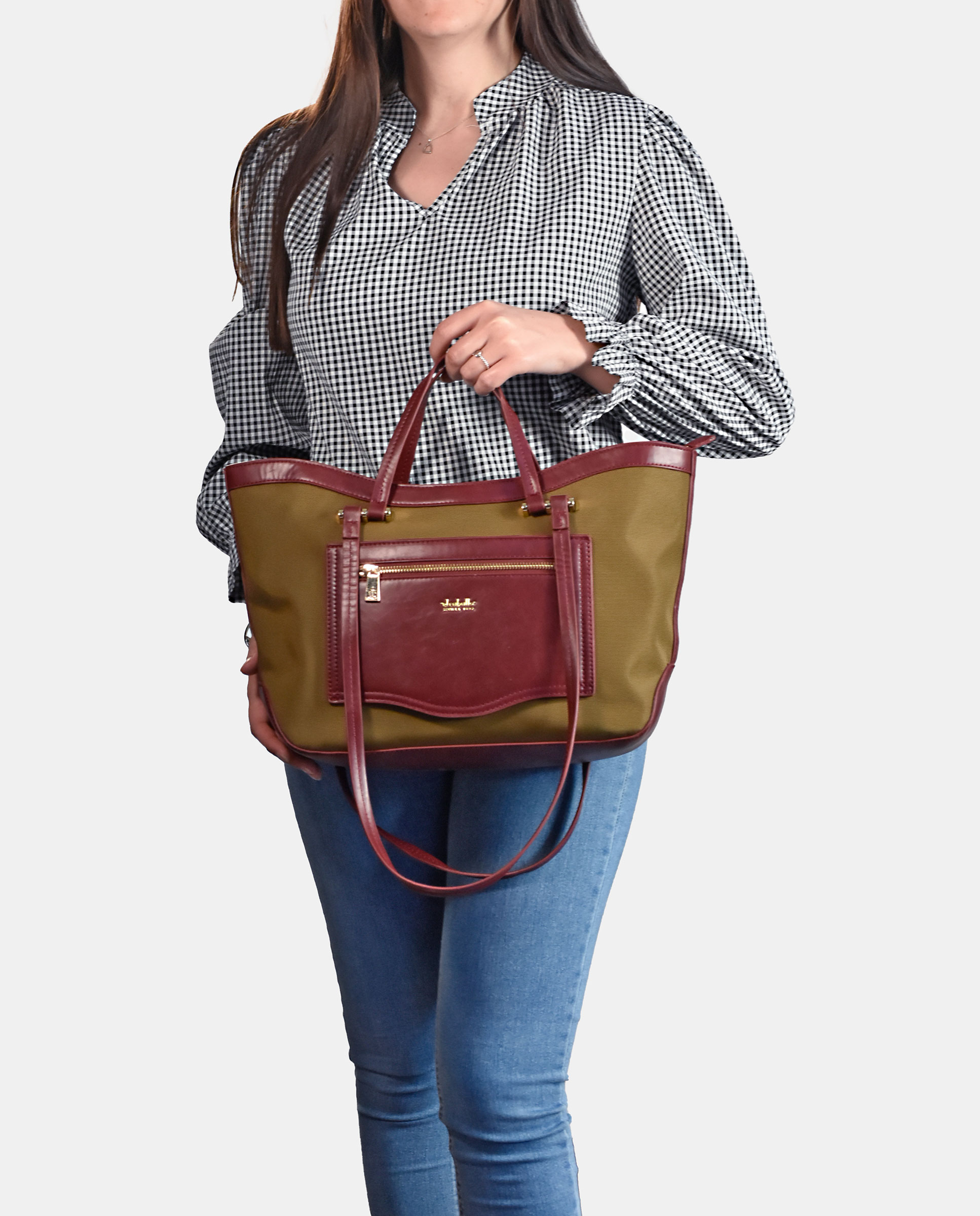 Mala Tipo Tote em Nylon e Couro - Bordeaux Verde-7