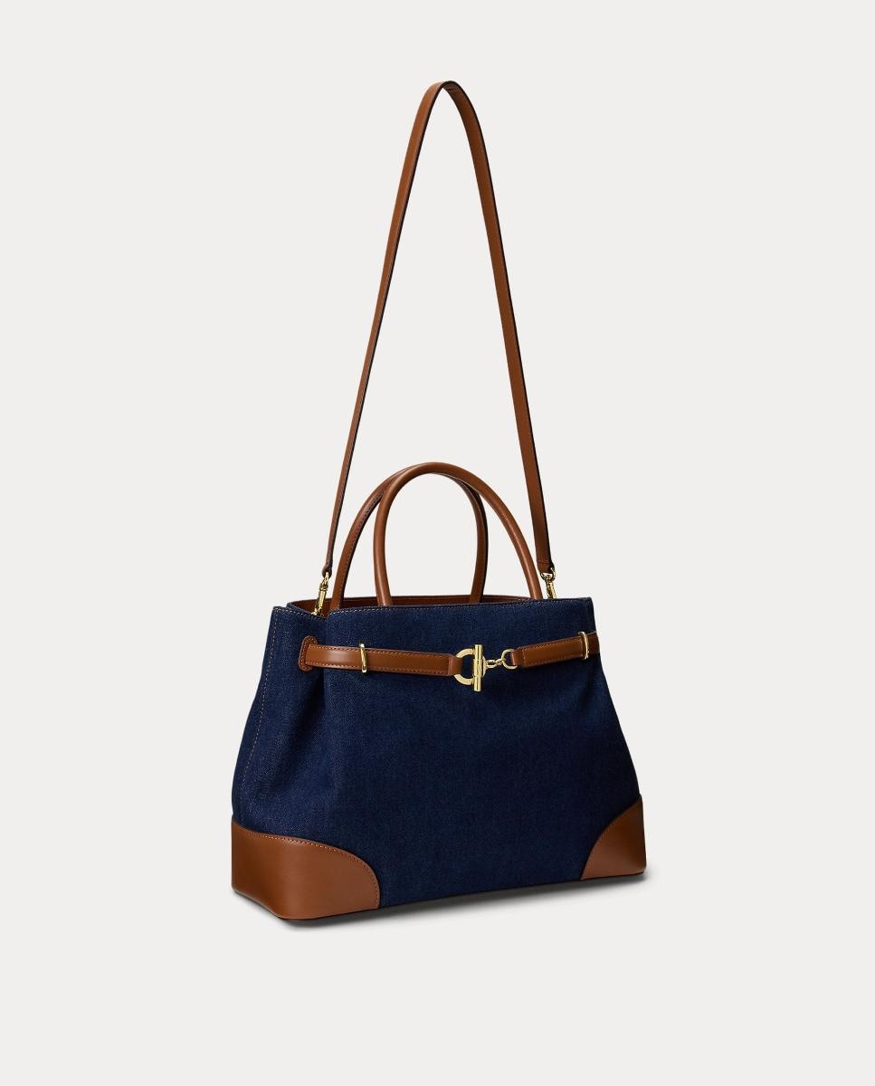 Mala Satchel Grande em Pele e Ganga. Azul-marinho-3