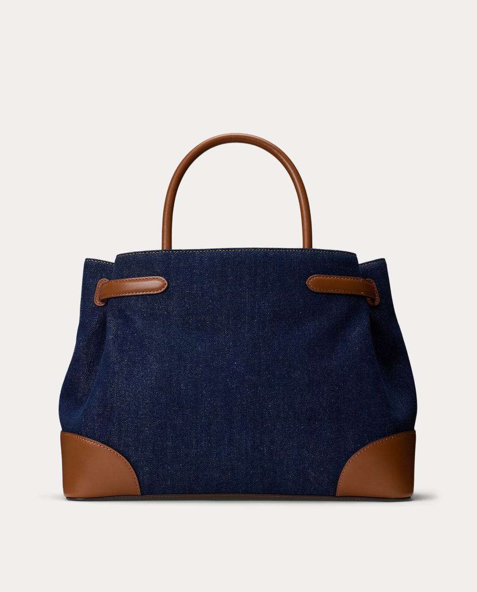 Mala Satchel Grande em Pele e Ganga. Azul-marinho-4