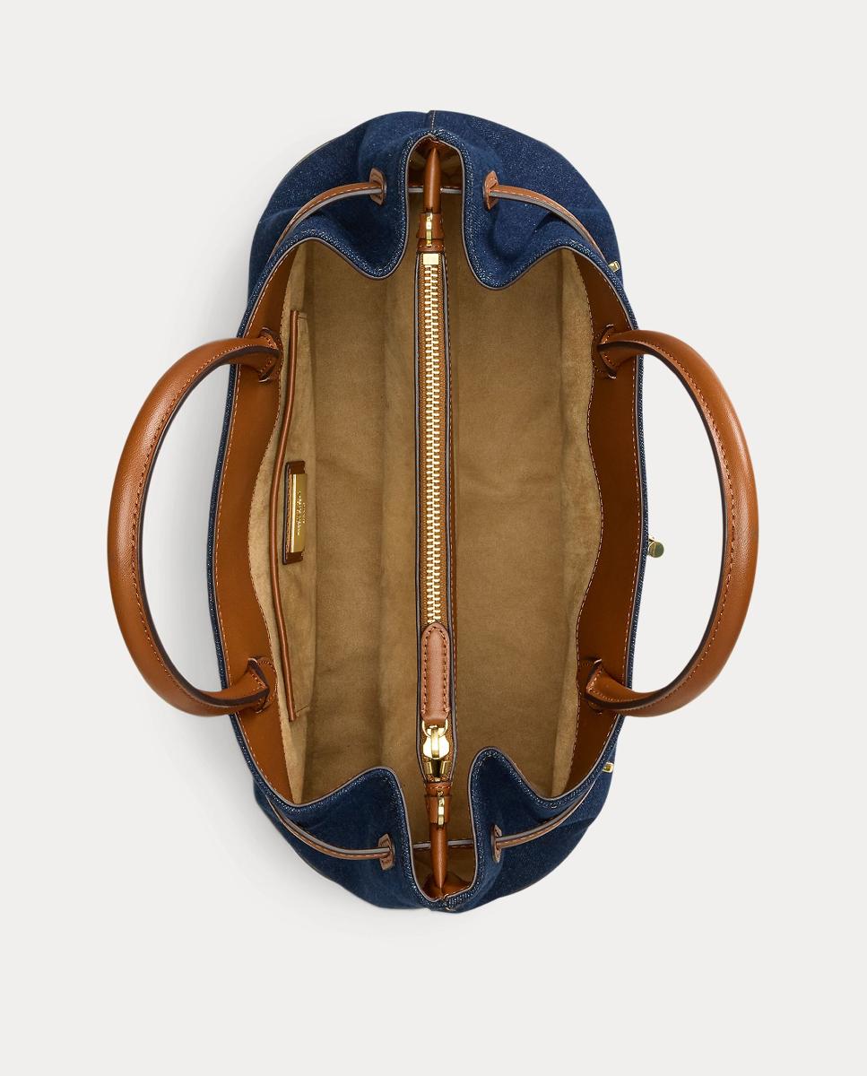 Mala Satchel Grande em Pele e Ganga. Azul-marinho-5