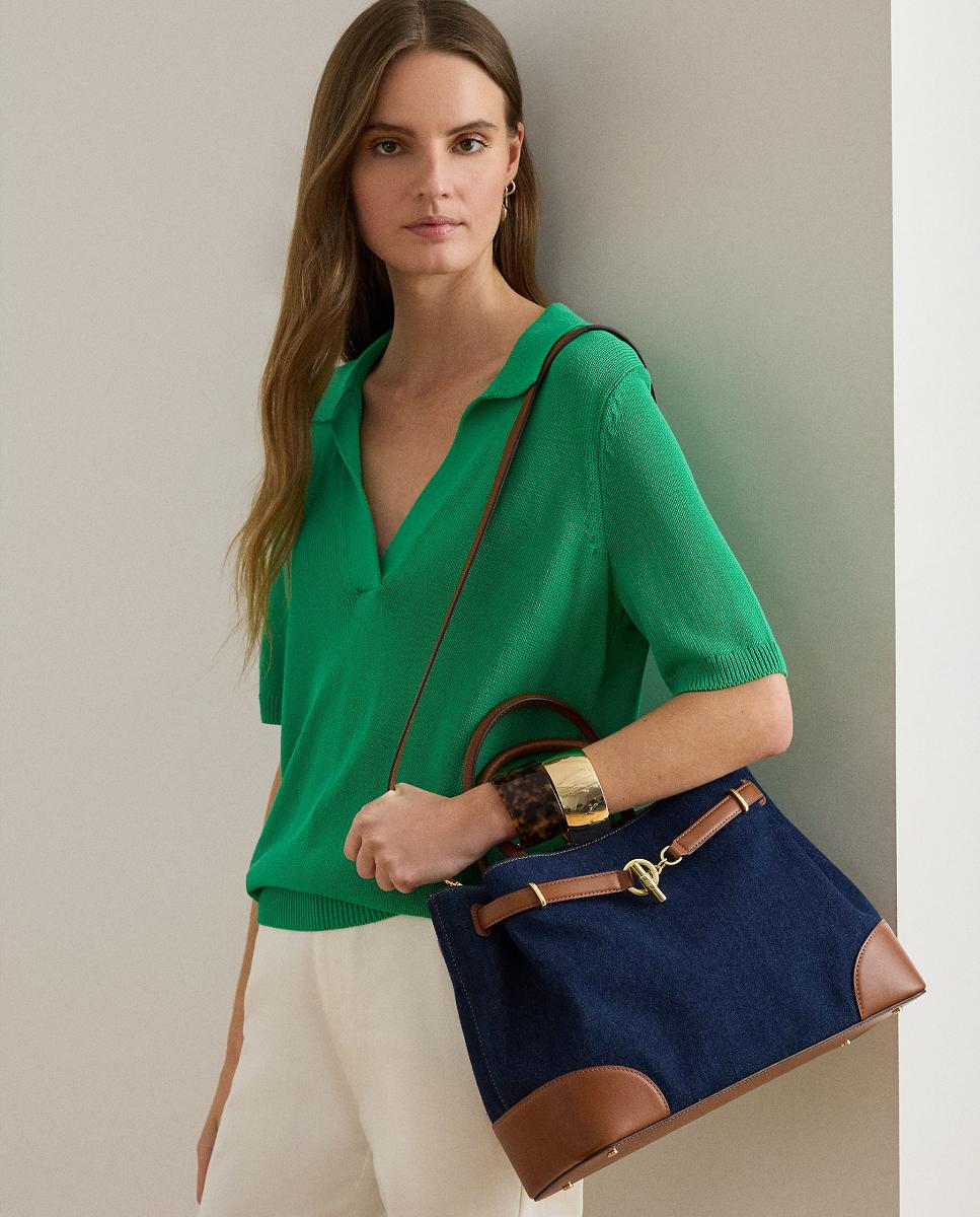 Mala Satchel Grande em Pele e Ganga. Azul-marinho-6