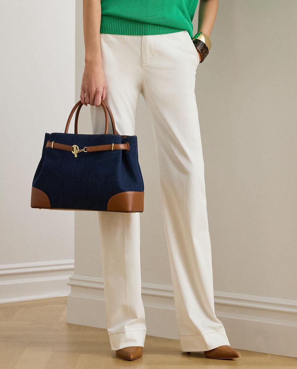 Mala Satchel Grande em Pele e Ganga. Azul-marinho-7