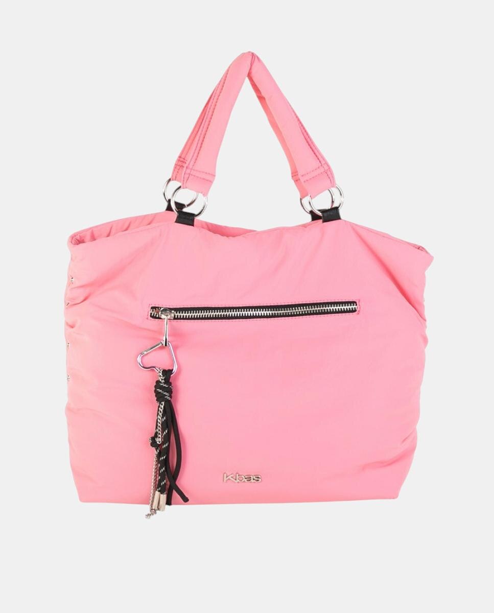 Mala Shopper Grande em Nylon com Alças Duplas e Fecho de Correr Rosa-1