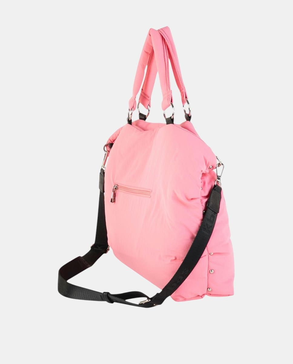 Mala Shopper Grande em Nylon com Alças Duplas e Fecho de Correr Rosa-2