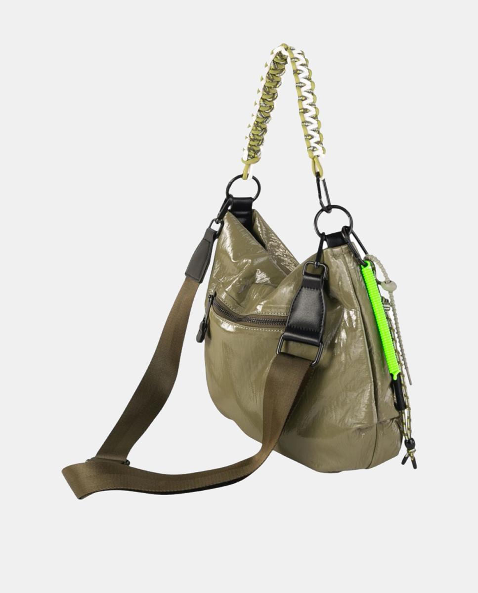 Mala a Tiracolo em Nylon Crinkle com Fecho de Correr e Alça Comprida Ajustável Caqui-2