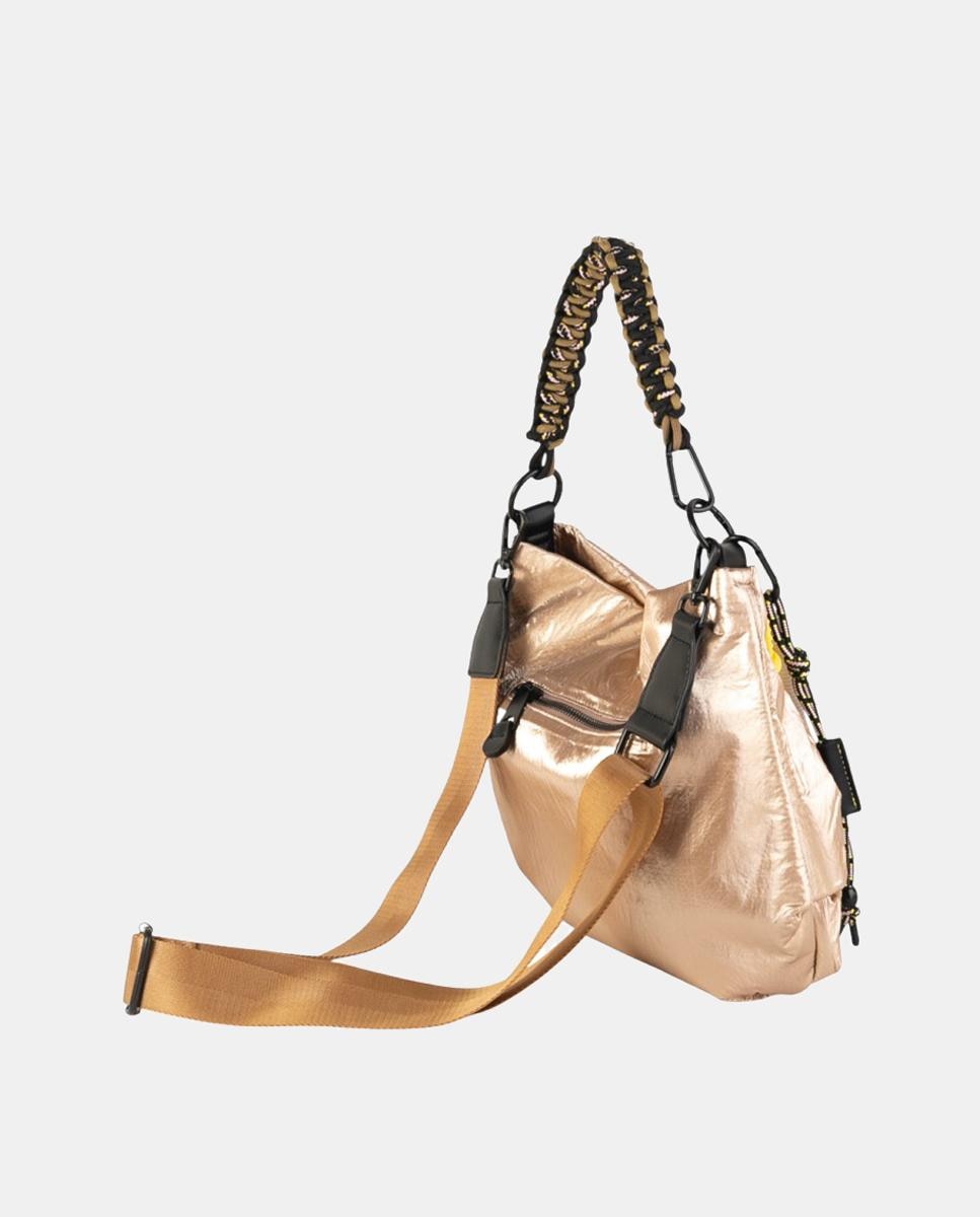 Mala a Tiracolo em Nylon Crinkle com Fecho de Correr e Alça Comprida Ajustável Ouro-2