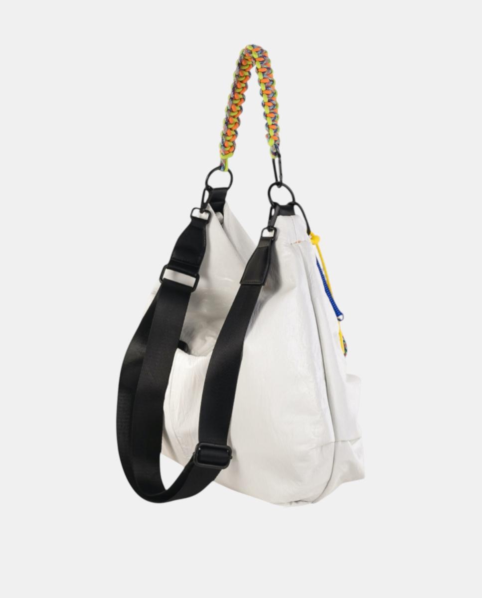 Bolso hobo espacioso de nylon en acabado crinkle con cremallera y asa entrelazada - Volum - Blanco Blanco-3
