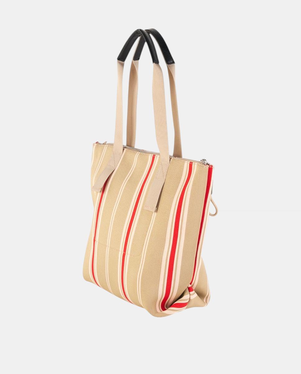 Mala Tipo Tote Média de Algodão com Desenho às Riscas e Alça Ergonómica Dupla Creme-3