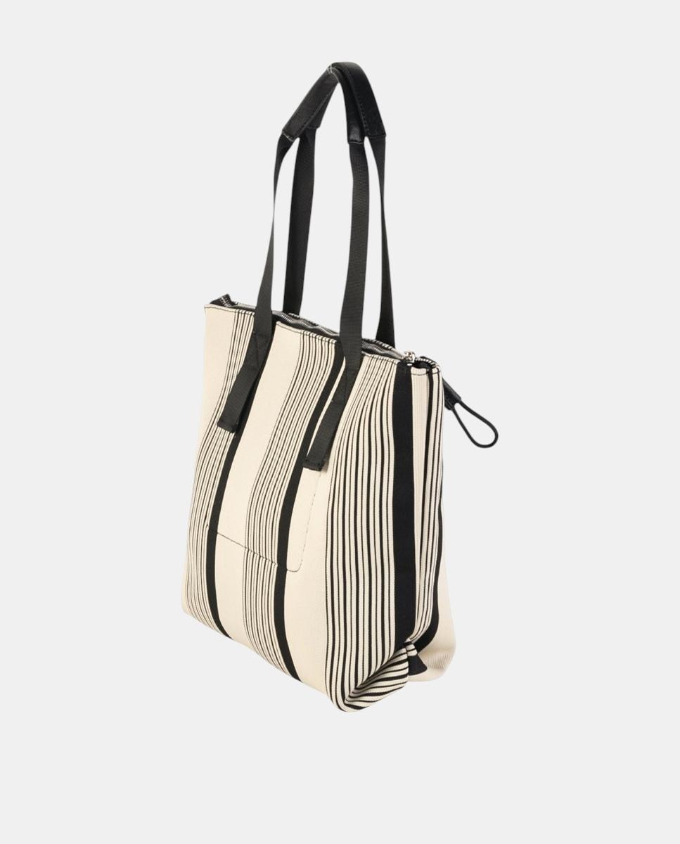 Mala Tipo Tote Média de Algodão com Desenho às Riscas e Alça Ergonómica Dupla Preto-3