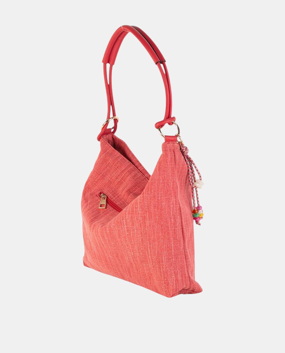 Mala Hobo Média de Lona com Alça Firme e Pendente Artesanal Vermelho-3