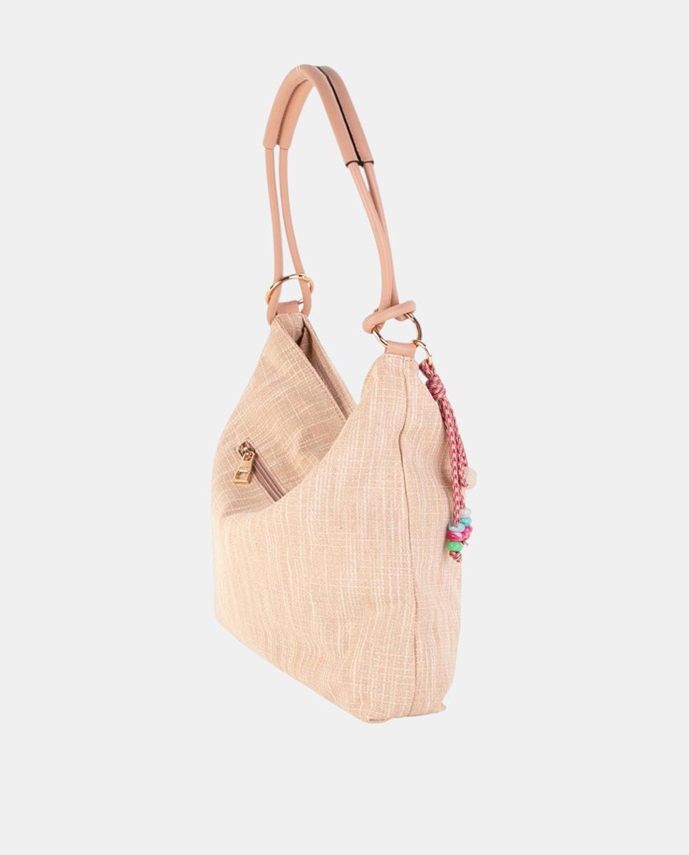 Mala Hobo Média de Lona com Alça Firme e Pendente Artesanal Rosa-3