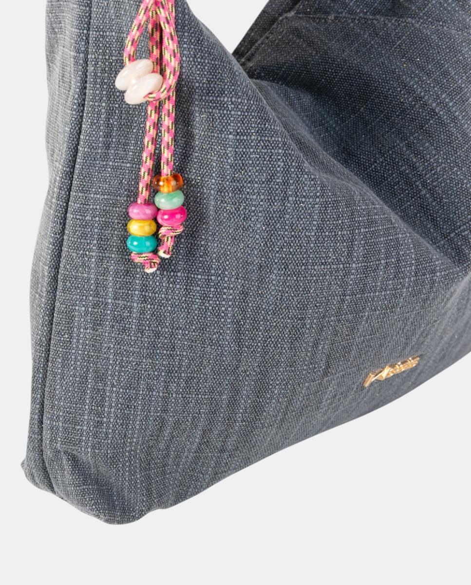 Mala Hobo Média de Lona com Alça Firme e Pendente Artesanal Azul-marinho-2
