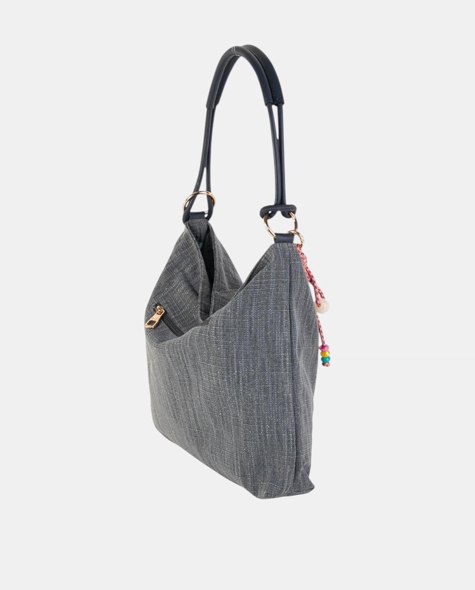 Mala Hobo Média de Lona com Alça Firme e Pendente Artesanal Azul-marinho-3