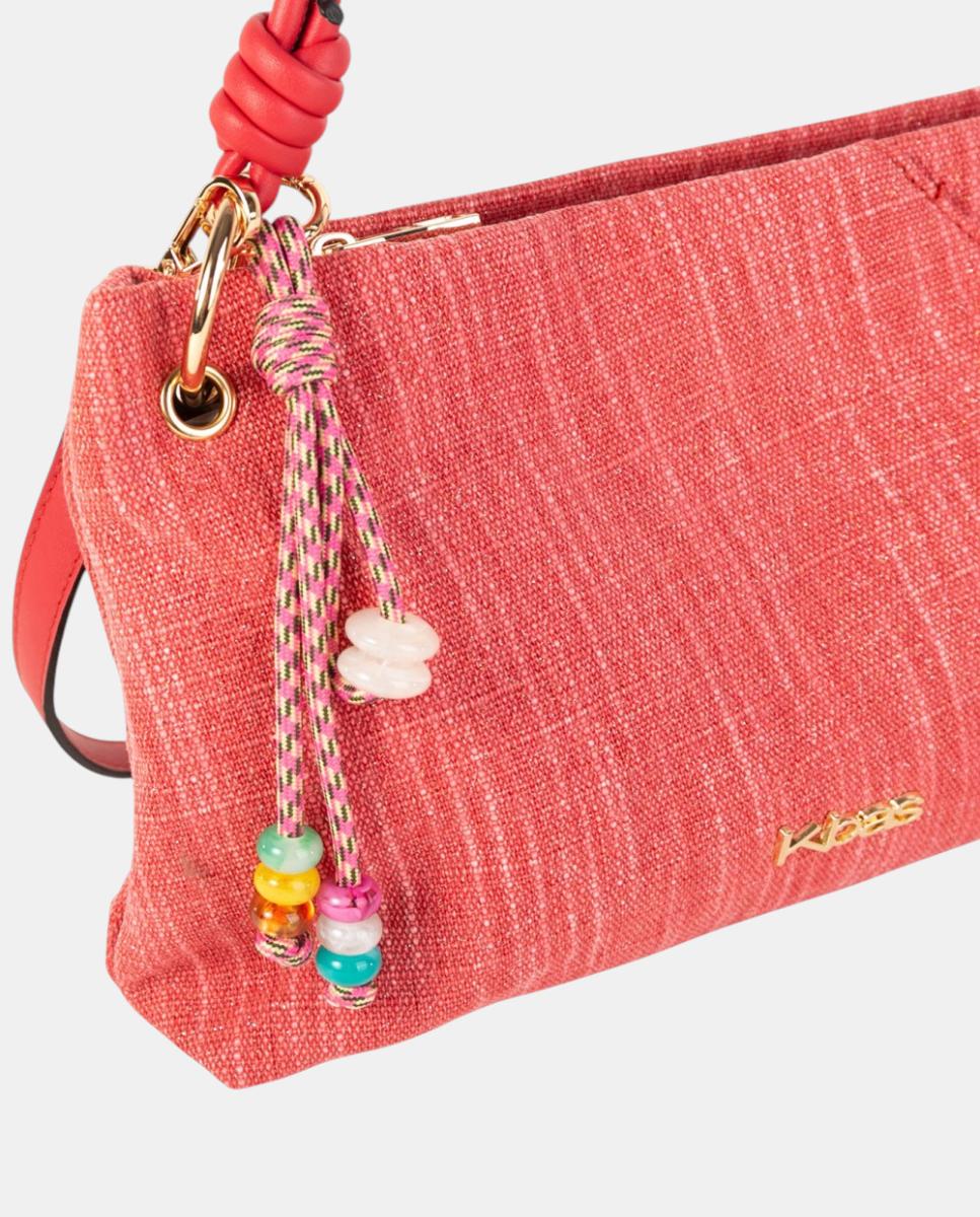 Mala a Tiracolo Média Conversível de Lona com Alça Entrançada e Pendente Artesanal Multicolor Vermelho-2