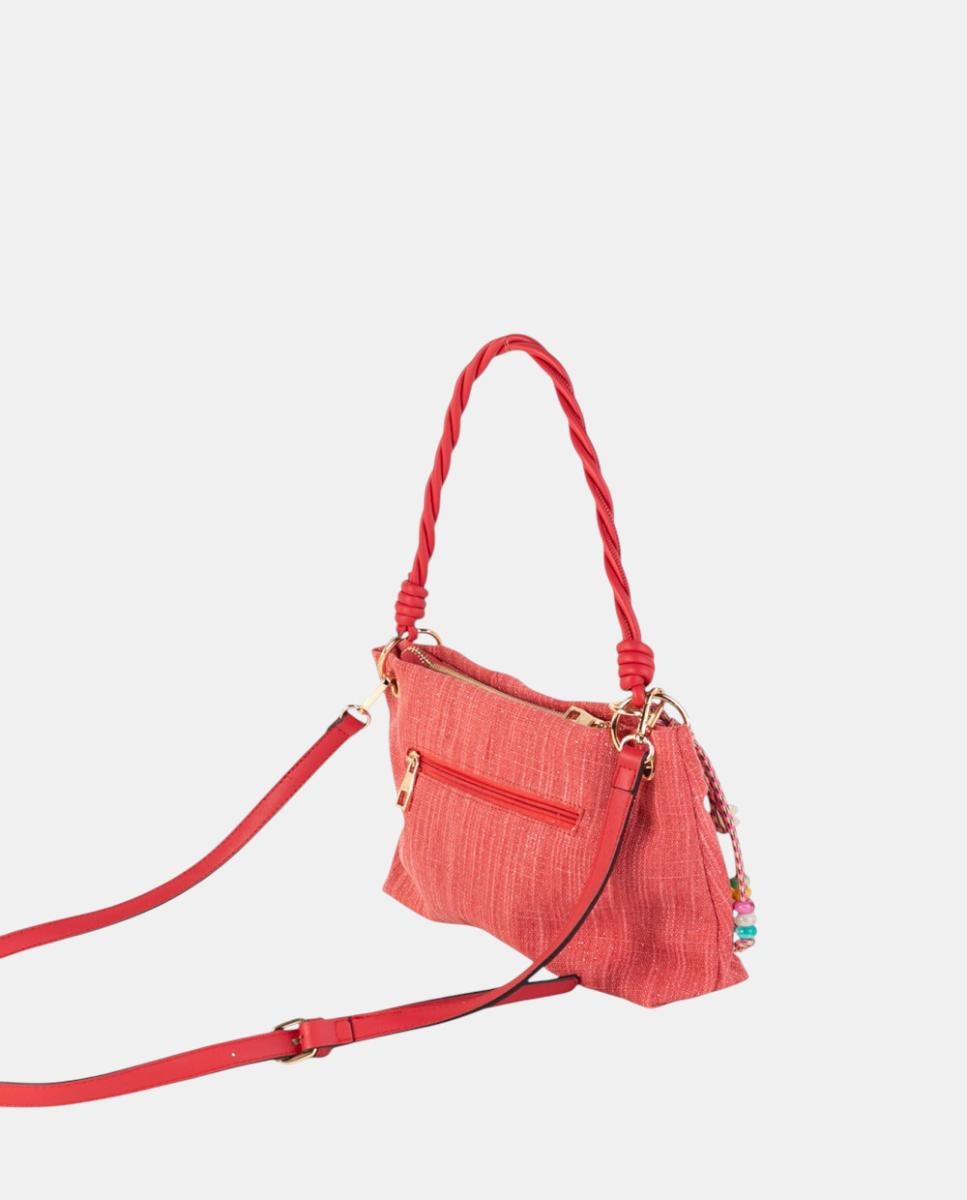 Mala a Tiracolo Média Conversível de Lona com Alça Entrançada e Pendente Artesanal Multicolor Vermelho-3