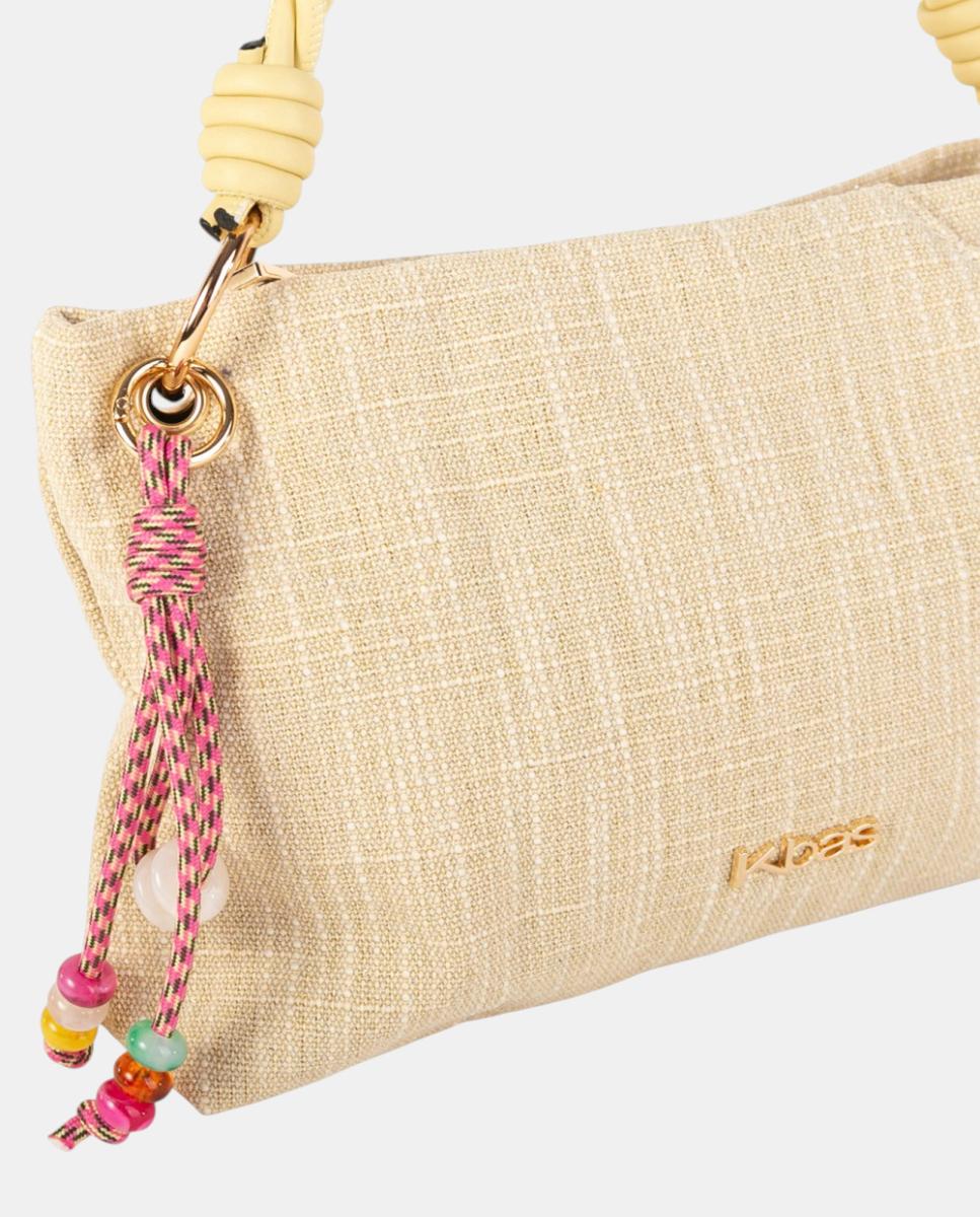 Mala a Tiracolo Média Conversível de Lona com Alça Entrançada e Pendente Artesanal Multicolor Amarelo-2