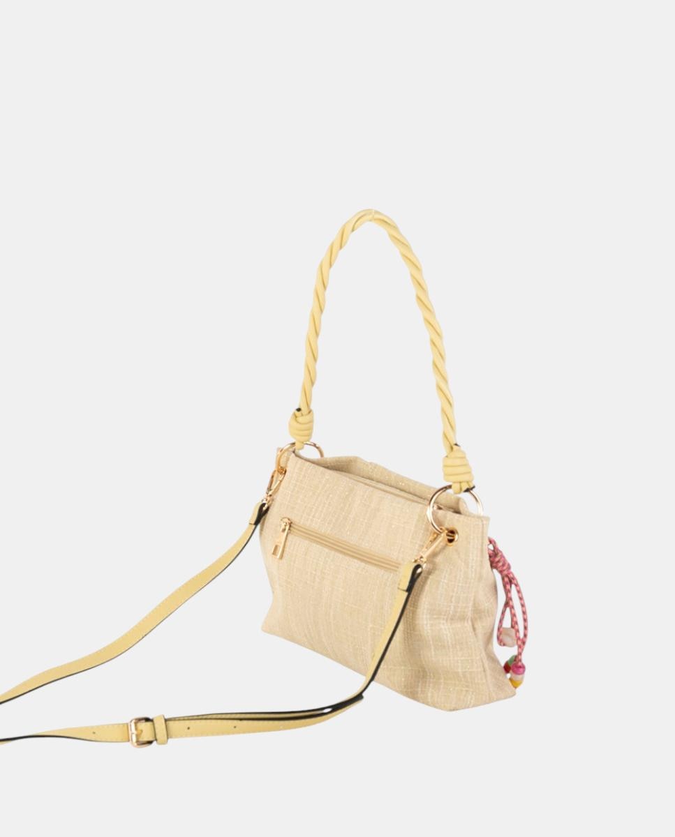 Mala a Tiracolo Média Conversível de Lona com Alça Entrançada e Pendente Artesanal Multicolor Amarelo-3