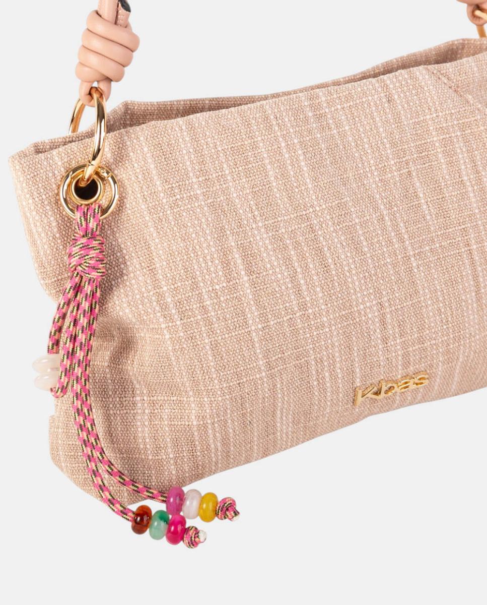 Mala a Tiracolo Média Conversível de Lona com Alça Entrançada e Pendente Artesanal Multicolor Rosa-2