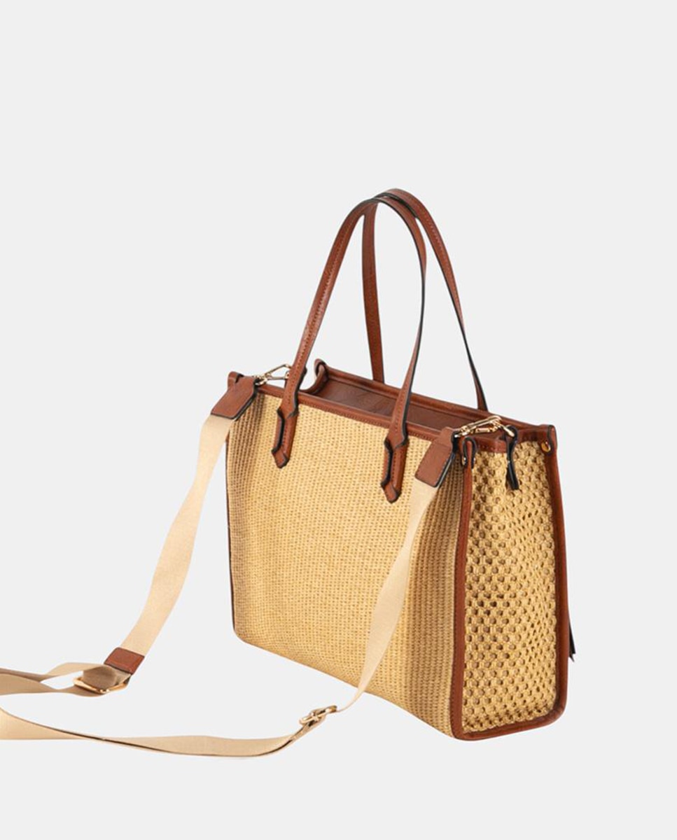 Mala de Ombro de Tamanho Médio em Ráfia Entrançada com Conta Decorativa Natural-2