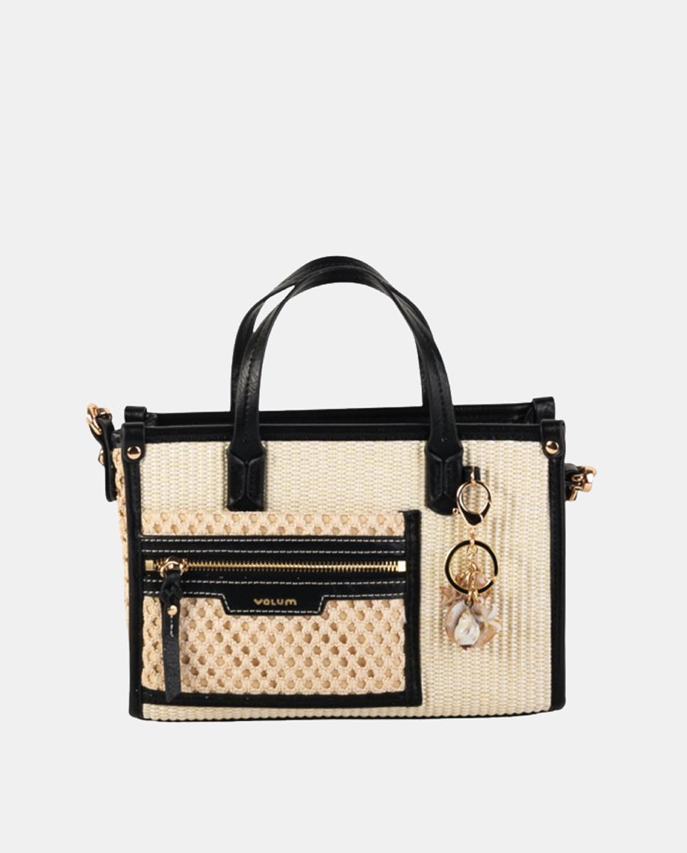 Imagem 0 de Mala de Mão Média em Ráfia e Polipele com Alça de Tiracolo Ajustável e Bolso Exterior