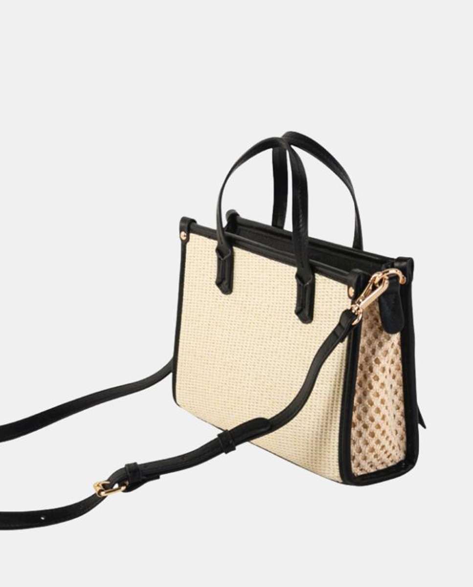 Mala de Mão Média em Ráfia e Polipele com Alça de Tiracolo Ajustável e Bolso Exterior Branco-2