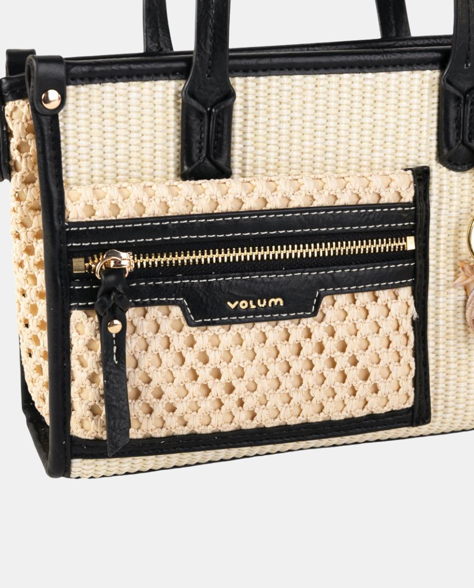 Mala de Mão Média em Ráfia e Polipele com Alça de Tiracolo Ajustável e Bolso Exterior Branco-3