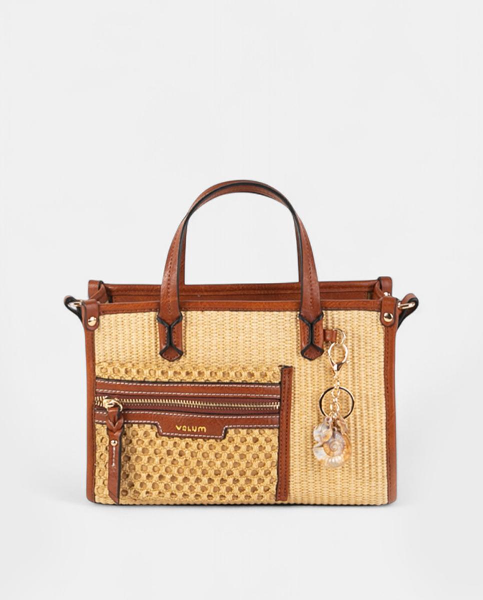 Imagem 0 de Mala de Mão Média em Ráfia e Polipele com Alça de Tiracolo Ajustável e Bolso Exterior
