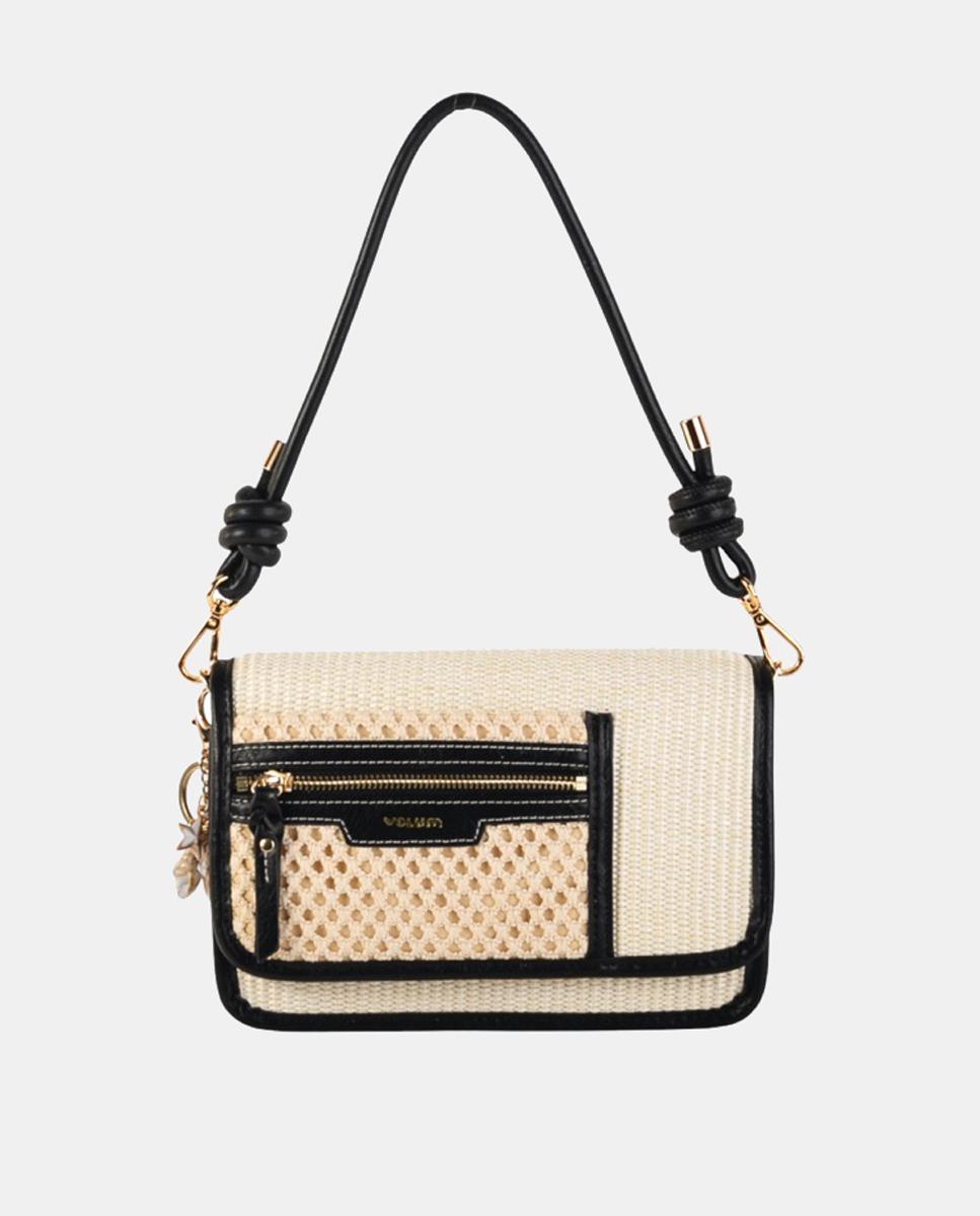 Imagem 0 de Mala a Tiracolo Média de Ráfia Entrançada e Polipele com Alça Atada, Bolso Externo e Conta Decorativa