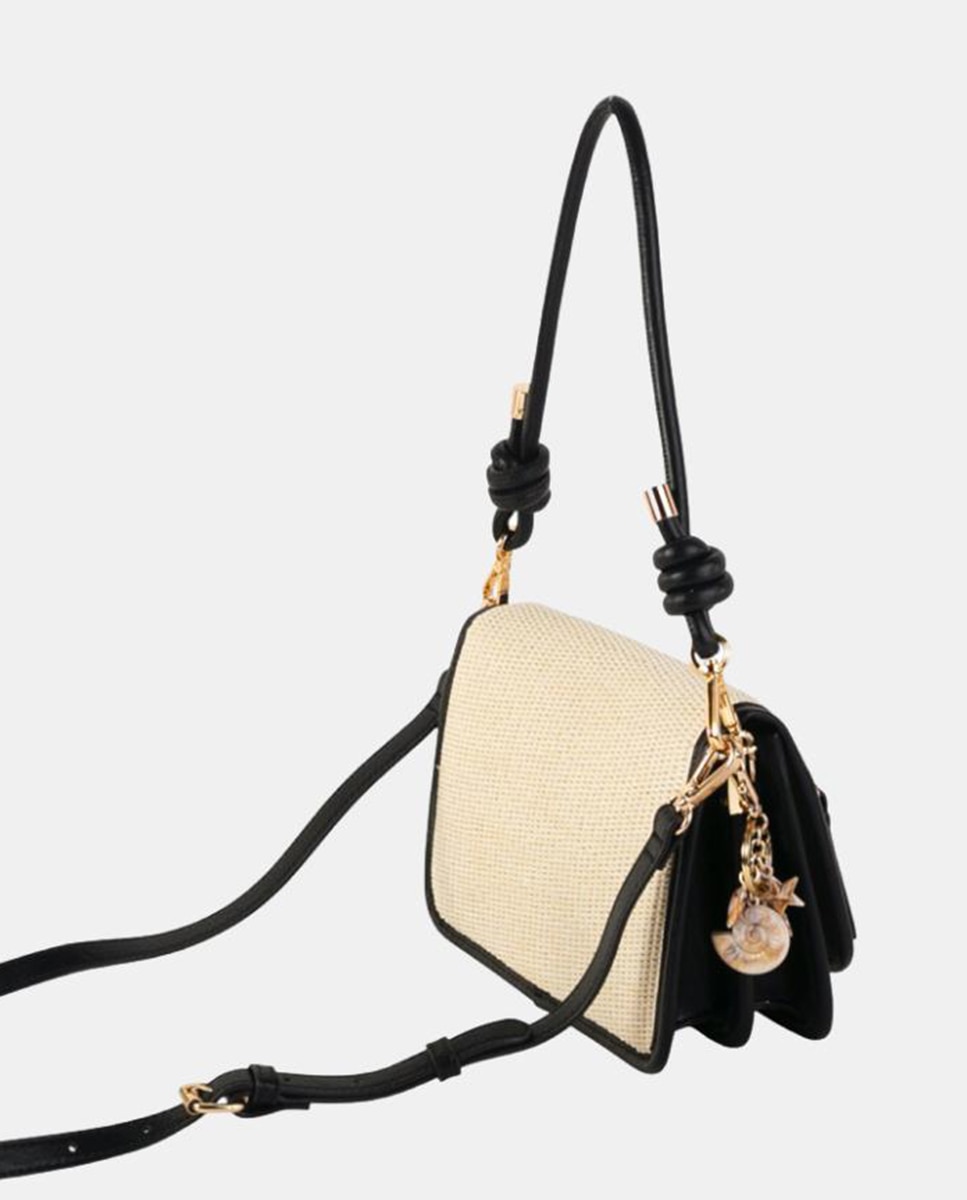 Mala a Tiracolo Média de Ráfia Entrançada e Polipele com Alça Atada, Bolso Externo e Conta Decorativa Branco-2