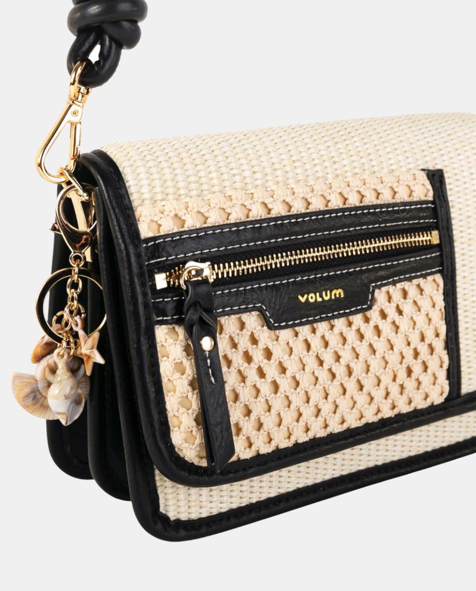 Mala a Tiracolo Média de Ráfia Entrançada e Polipele com Alça Atada, Bolso Externo e Conta Decorativa Branco-3