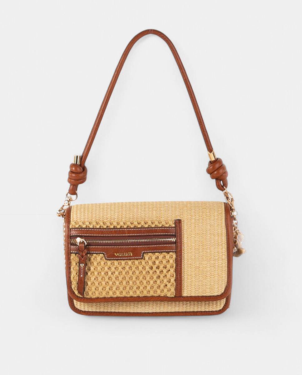 Imagem 0 de Mala a Tiracolo Média de Ráfia Entrançada e Polipele com Alça Atada, Bolso Externo e Conta Decorativa