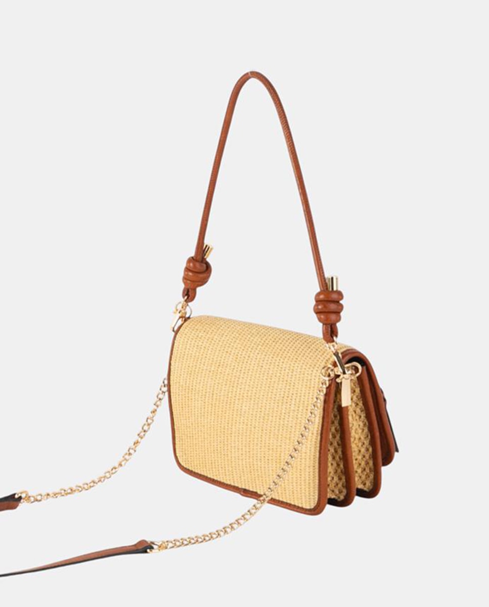 Mala a Tiracolo Média de Ráfia Entrançada e Polipele com Alça Atada, Bolso Externo e Conta Decorativa Natural-2