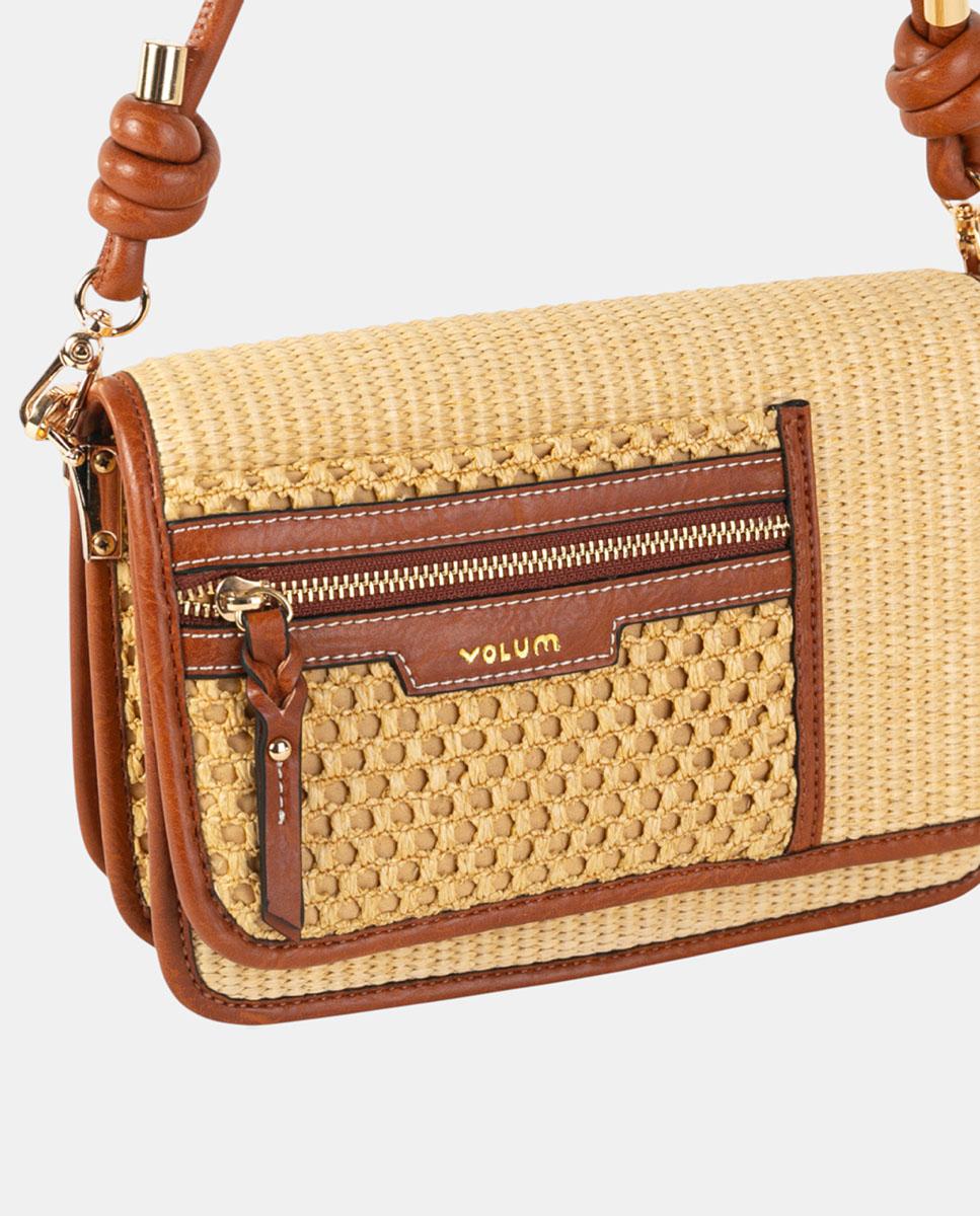 Mala a Tiracolo Média de Ráfia Entrançada e Polipele com Alça Atada, Bolso Externo e Conta Decorativa Natural-3