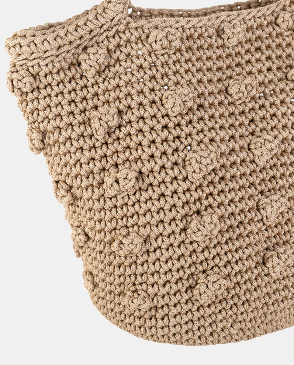 Mala de Crochet Artesanal Média com Alça de Ombro Dupla Bege-2