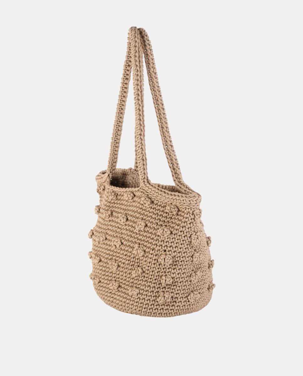Mala de Crochet Artesanal Média com Alça de Ombro Dupla Bege-3