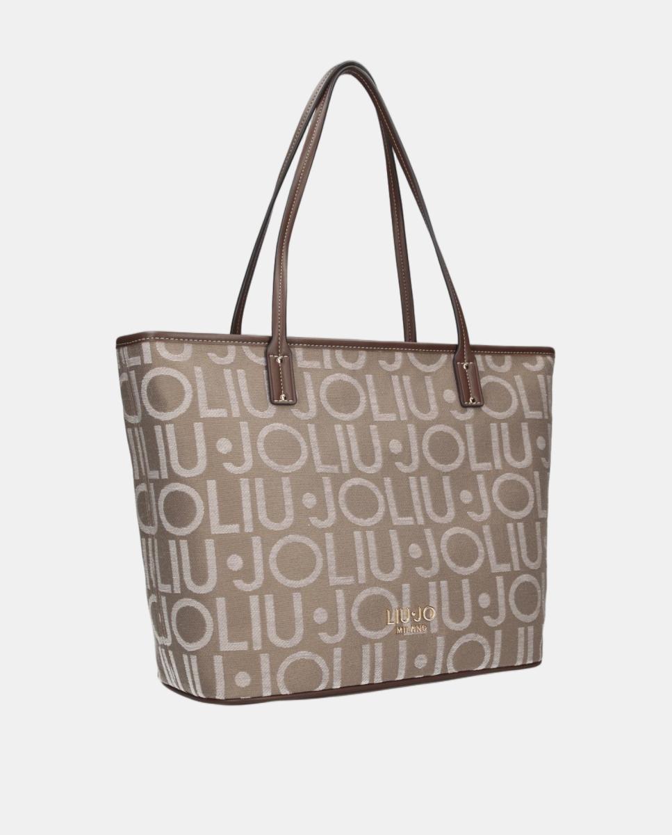 Mala Shopper em Tecido com Estampado de Logótipo Bege-2