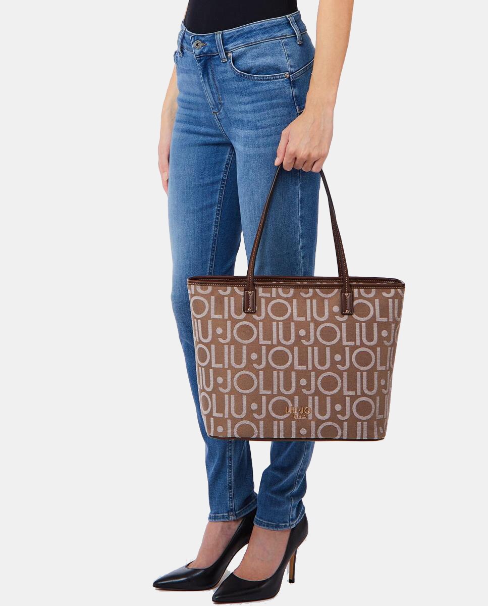 Mala Shopper em Tecido com Estampado de Logótipo Bege-4