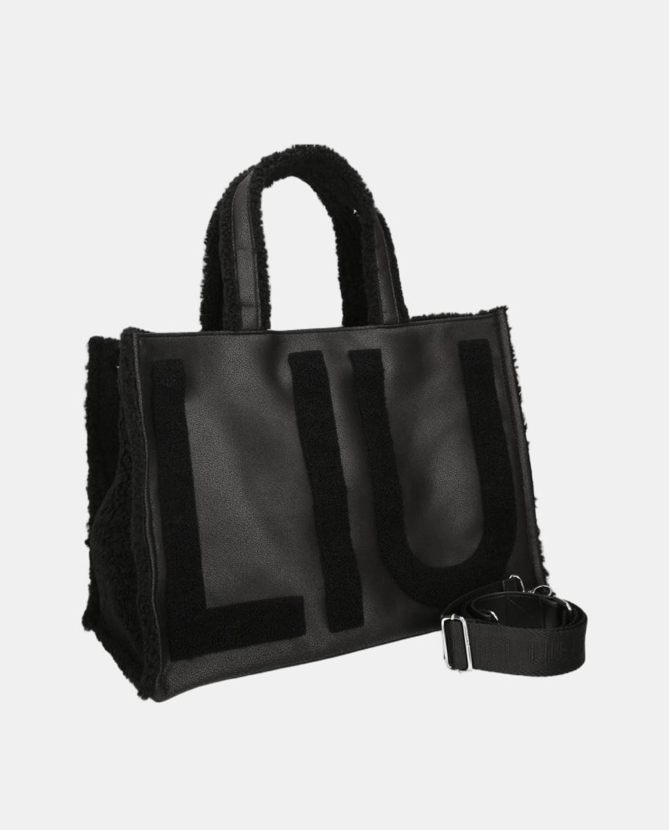 Mala Tipo Tote com Detalhe de Pelo de Borrego e Alça Amovível Preto-2
