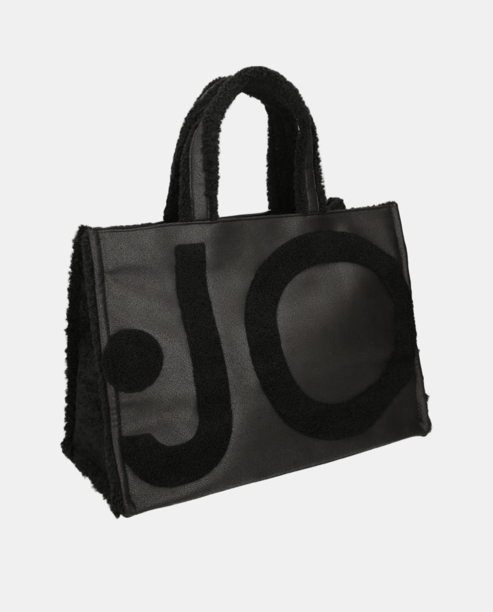 Mala Tipo Tote com Detalhe de Pelo de Borrego e Alça Amovível Preto-3