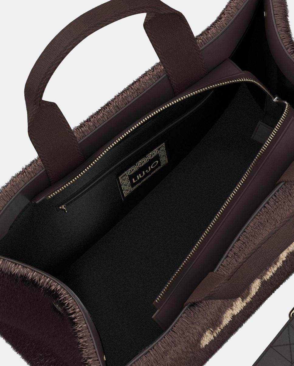 Mala Tipo Tote em Eco-Pelo Castanho-escuro-3