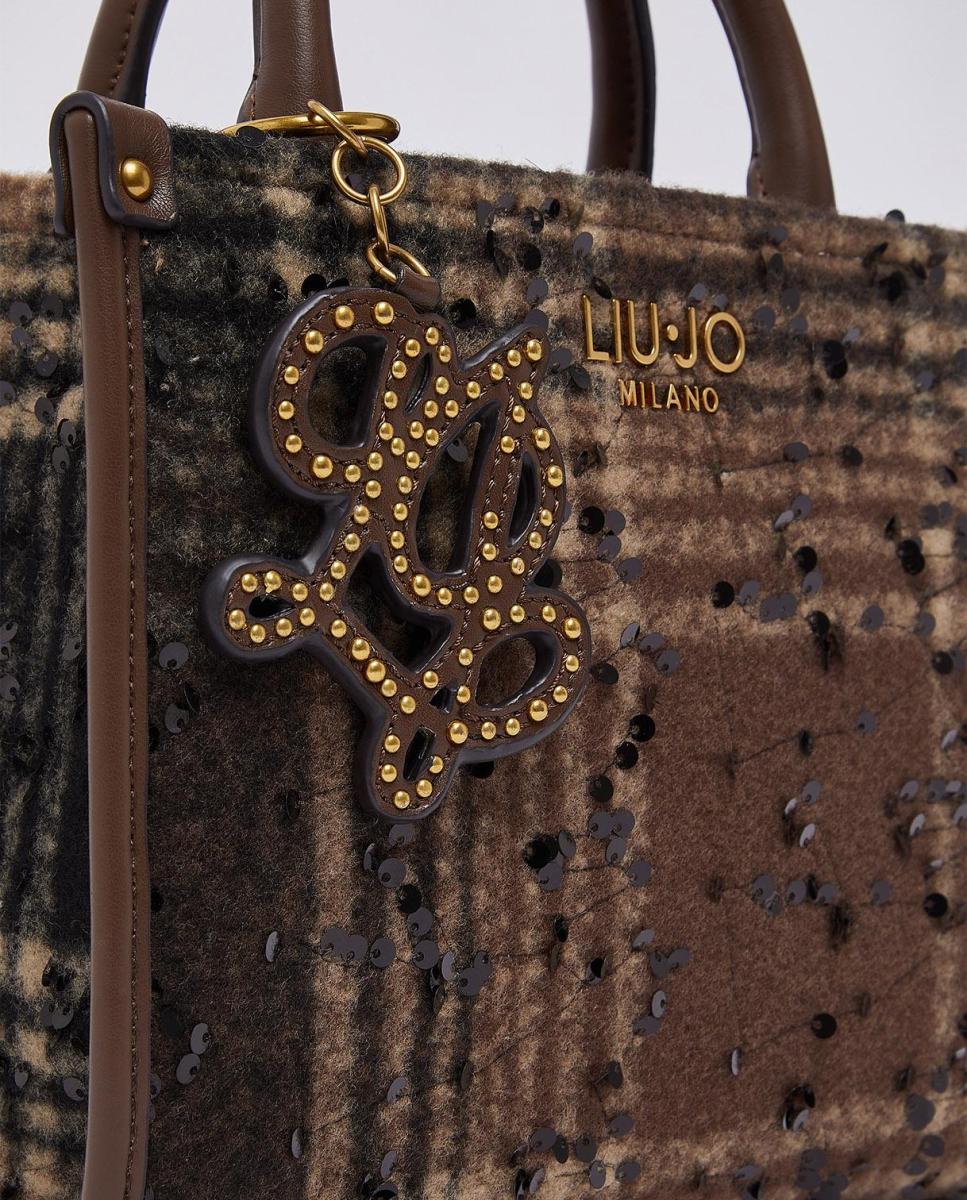 Mala Tipo Tote Média com Estampado aos Quadrados Castanho-escuro-2