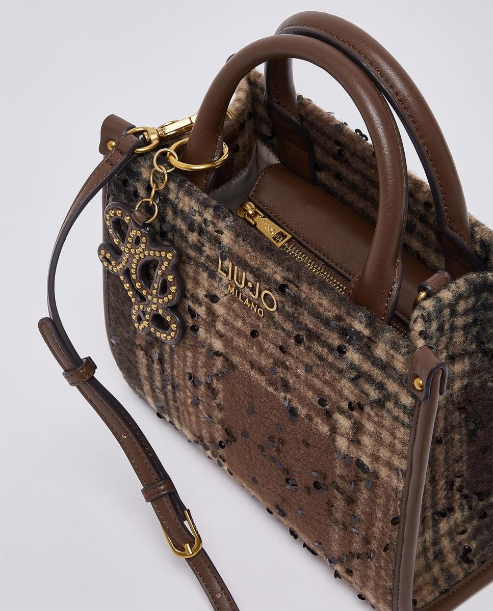 Mala Tipo Tote Média com Estampado aos Quadrados Castanho-escuro-3