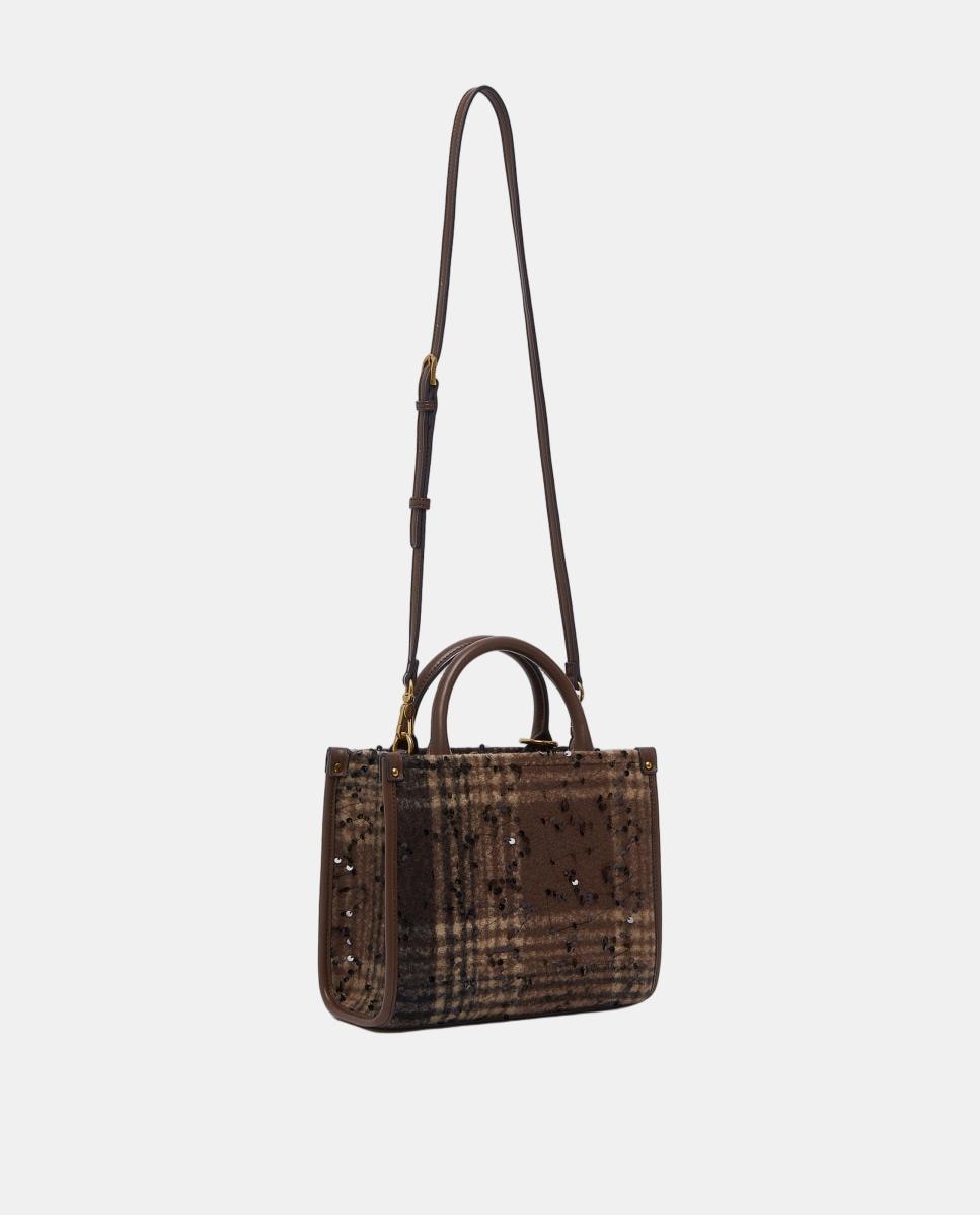 Mala Tipo Tote Média com Estampado aos Quadrados Castanho-escuro-4