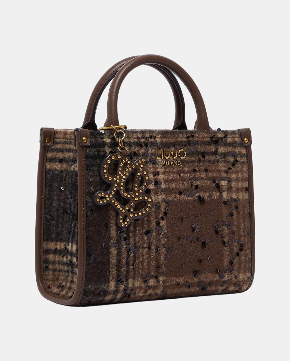Mala Tipo Tote Média com Estampado aos Quadrados Castanho-escuro-5