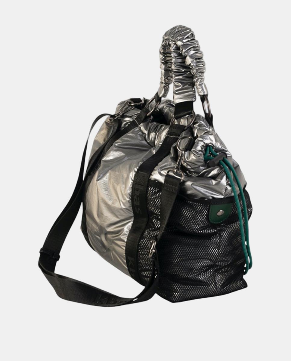 Mala Tipo Tote Larga em Tecido Ligeiro com Fecho Combinado e Bolsos Exteriores Prata-2