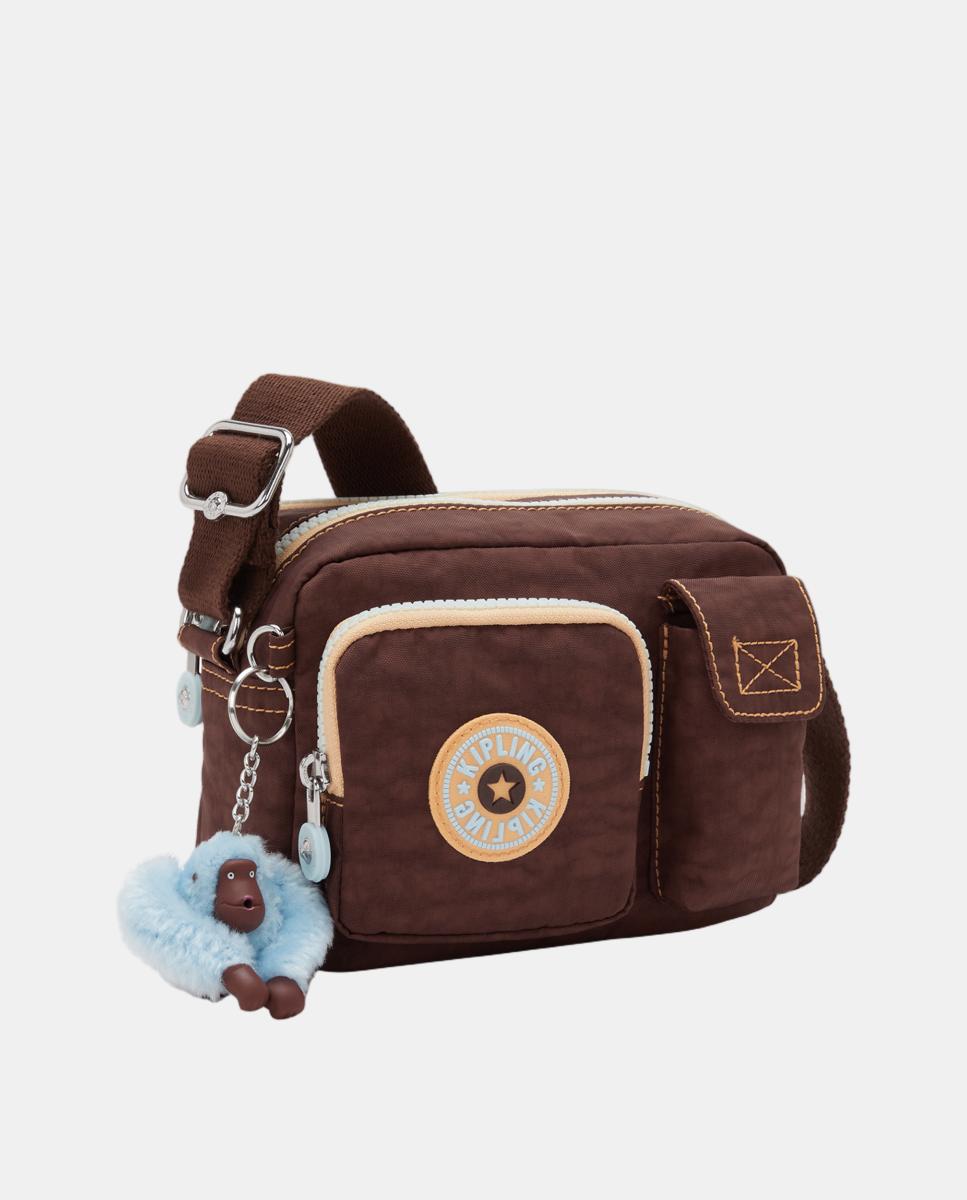 Mala a Tiracolo Pequena com Bolsos à Frente Castanho-4