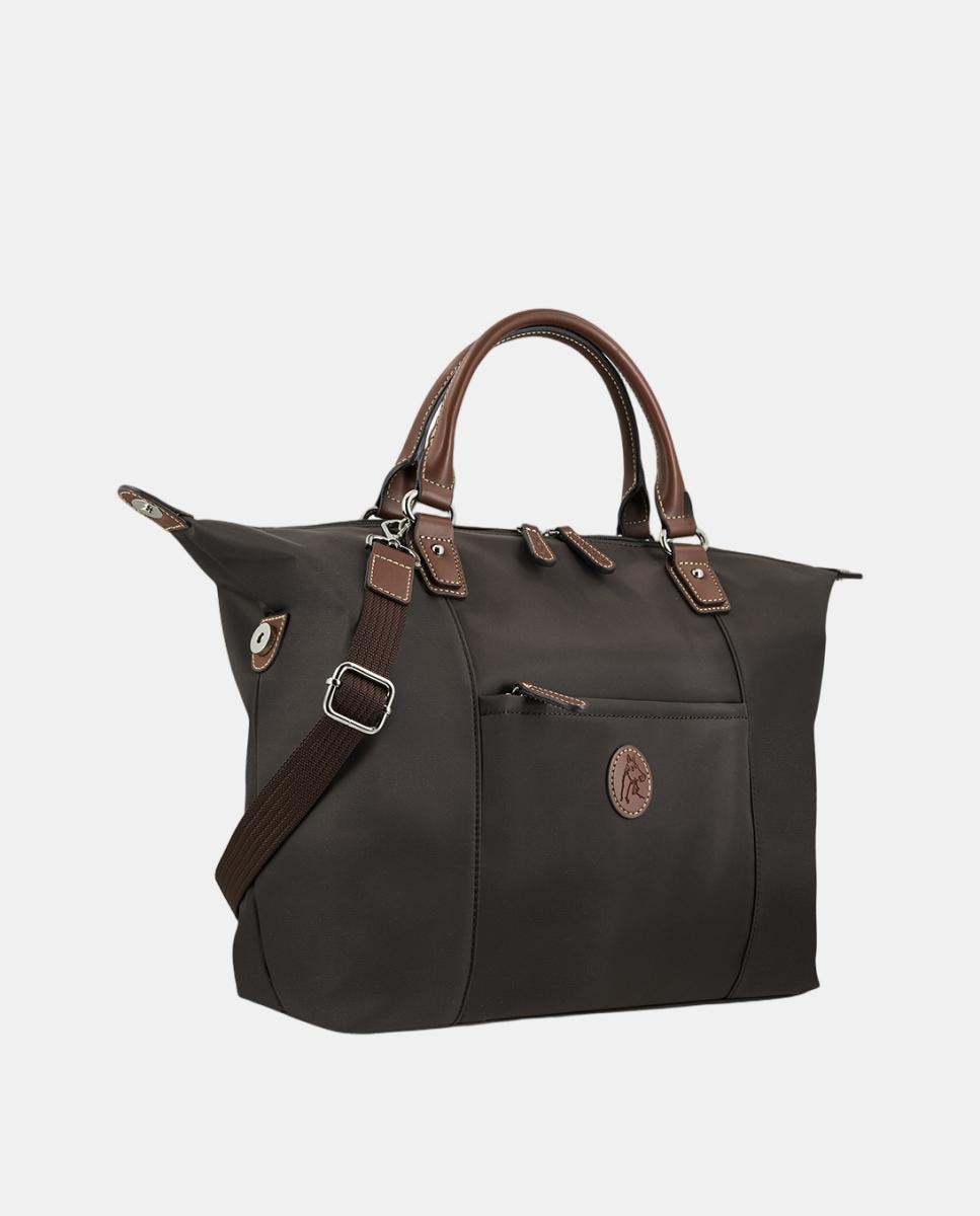 Mala Shopper de Nylon com Alças de Ombro Castanho-2