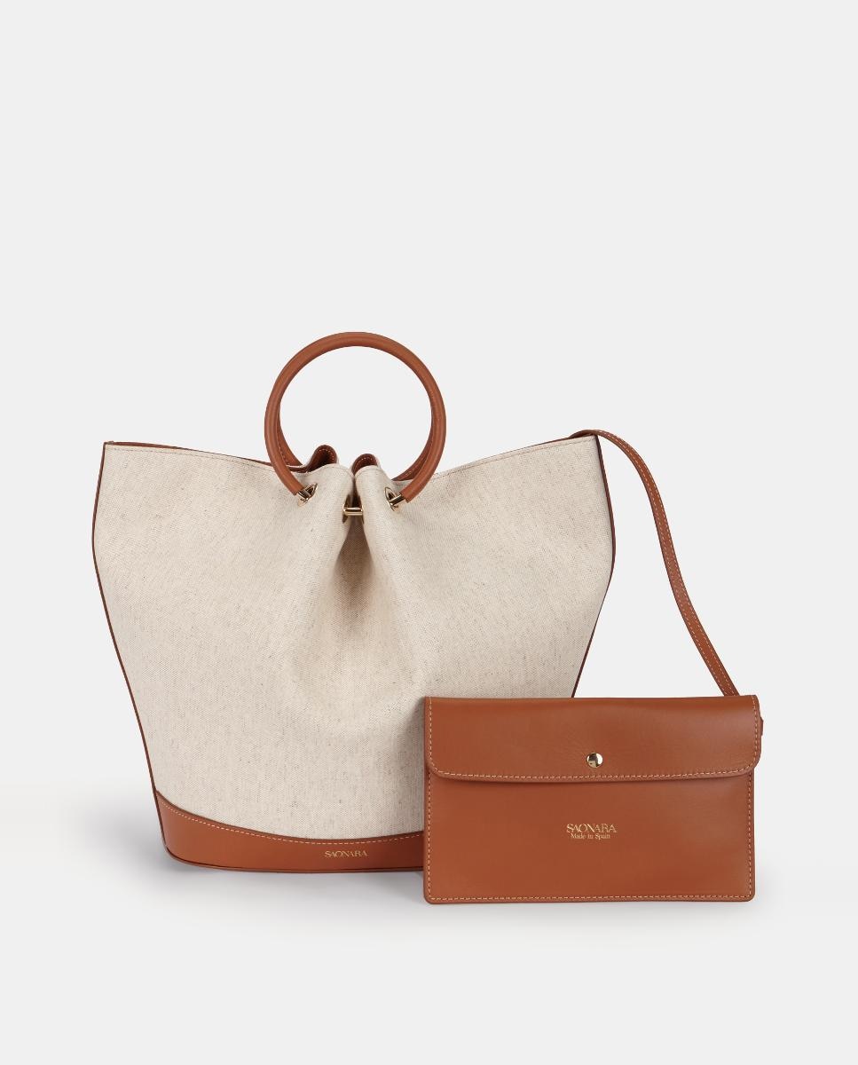 Imagem 0 de Mala de Mão Grande em Pele Combinada com Linho e com Carteira Interior - Caramelo