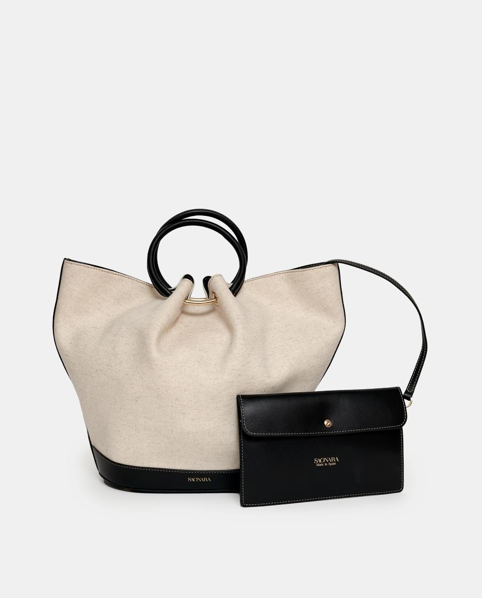 Imagem 0 de Mala de Mão Grande em Pele Combinada com Linho e com Carteira Interior - Preto